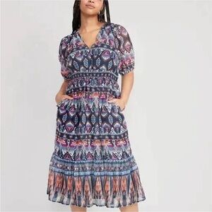 Old Navy Waist Defined V-Neck Midi Dress XL NWT Aztec Design Boho Peasant